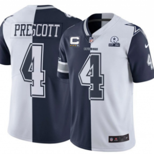 Men's Dallas Cowboys #4 Dak Prescott Split Navy White With C Patch And 1960 Patch Limited Stitched Jersey