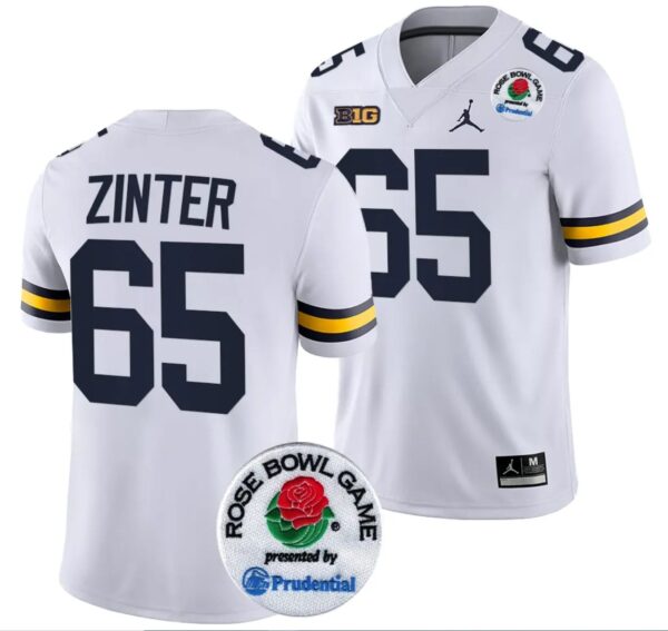 Zak Zinter Jersey #65 Michigan Wolverines Rose Bowl Game 2024 Patch College Football Playoff White