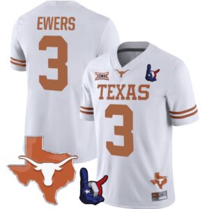 Quinn Ewers Jersey #3 Texas Longhorns Texas State Map and Throwing Up The H Patch Football White