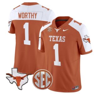 Xavier Worthy Jersey #1 Texas Longhorns State Map and Sec Patch Vapor Football Orange Alternate
