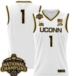 Team Jersey #1 UConn Huskies 2025 National Champions Patch Stitched White Gold