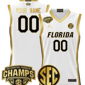 Custom Florida Gators Jersey 2025 SEC Tournament Champions Stitched White Gold