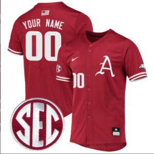 Custom Arkansas Razorbacks Baseball Cardinal Full Button Jersey Stitched SEC Patch