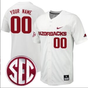 Custom Arkansas Razorbacks Baseball White Full Button Jersey Stitched SEC Patch