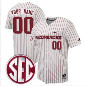 Custom Arkansas Razorbacks Baseball White Pinstripe Full Button Jersey ? All Stitched SEC Patch