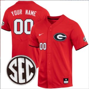 Custom Georgia Bulldogs Baseball Red Full Button Jersey Stitched SEC Patch