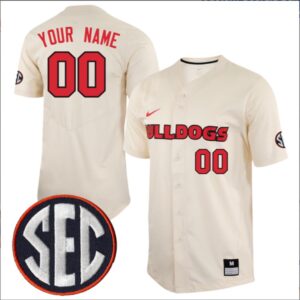 Custom Georgia Bulldogs Baseball Natural Full Button Jersey All Stitched SEC Patch
