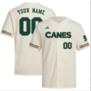 Custom Miami Hurricanes Baseball Cream Golden Trim Jersey Stitched