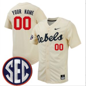 Custom Ole Miss Rebels Baseball Cream Full Button Jersey Stitched SEC Patch