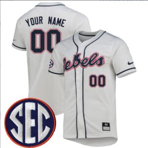 Custom Ole Miss Rebels Baseball White Full Button Jersey Stitched SEC Patch
