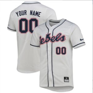 Custom Ole Miss Rebels Baseball White Full Button Jersey Stitched