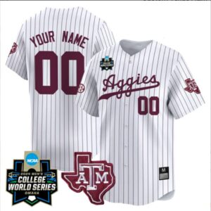 Custom Texas A&M College Baseball World Series White Pinstripe Jersey Stitched