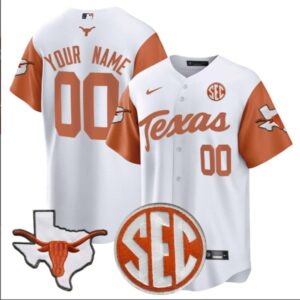 Custom Texas Longhorns Baseball White Orange Sleeve Jersey Stitched SEC Patch