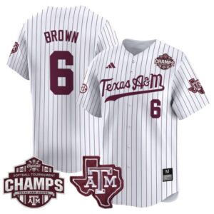 Taylor Brown Jersey #6 Texas A&M Aggies 2025 SEC Champions Patch Limited Stitched White Pinstripe