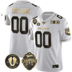 Custom Georgia Bulldogs Jersey Name and Number Football 2023 Back To Back Champions Vince Dooley Patch White Gold All Stitched
