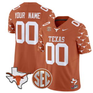 Custom Texas Longhorns Jersey Name and Number State Map and Sec Patch Vapor Limited College Football Stitched Texas Orange