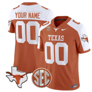 Custom Texas Longhorns Jersey Name and Number State Map and Sec Patch Vapor Limited College Football Stitched Orange Alternate