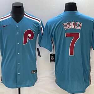 Men's Or Youth Trea Turner #7 Philadelphia Phillies Home Cooperstown Collection Jersey Light Blue
