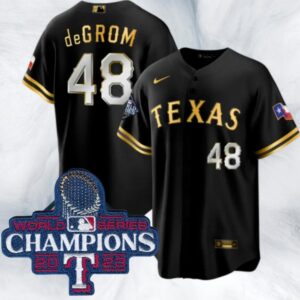 Men's Or Youth DeGrom #48 Texas Rangers 2023 World Series Champions Jersey Black Gold Christmas Gift