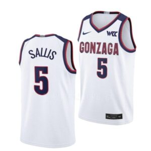 Men's #5 Hunter Sallis Jersey Gonzaga Bulldogs College Basketball Jerseys White