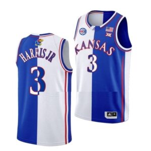Men's #3 Dajuan Harris Jr Jersey Kansas Jayhawks College Basketball Jerseys White Royal Split