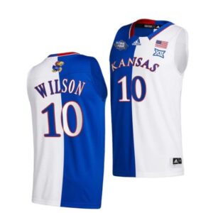 Men's #10 Jalen Wilson Jersey Kansas Jayhawks College Basketball Jerseys White Royal Split 2022