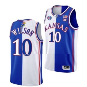 Men's #10 Jalen Wilson Jersey Kansas Jayhawks College Basketball Jerseys White Royal Split