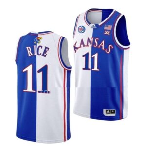 Men's #11 M.J. Rice Jersey Kansas Jayhawks College Basketball Jerseys Blue White Split