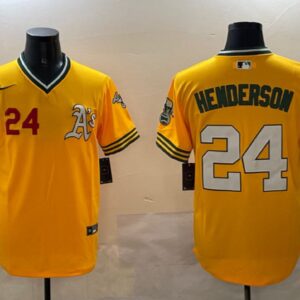 Men's Rickey Henderson #24 Oakland Athletics Home Replica Jersey Yellow Christmas Gift