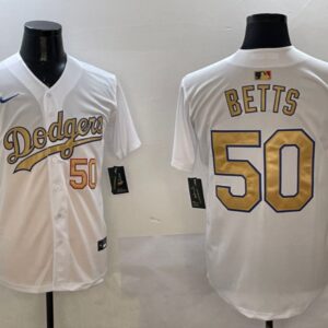 Men's Mookie Betts #50 Los Angeles Dodgers 2025 Gold Collection Limited Jersey White