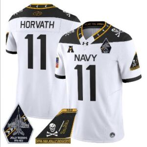 Blake Horvath Jersey #11 Navy Midshipmen 2024 Jolly Rogers Patch White