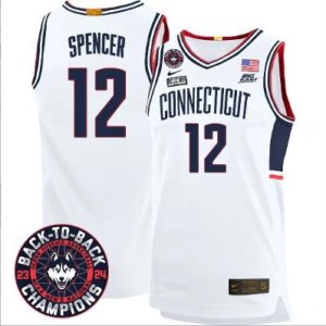 Cam Spencer Jersey #12 UConn Huskies Basketball 2024 Back To Back Patch White