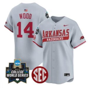 Gage Wood Jersey #14 Arkansas Razorbacks 2025 World Series Stitched Gray