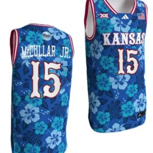 Kevin McCullar Jr Jersey #15 Kansas Jayhawks Game Basketball Blue Maui Strong