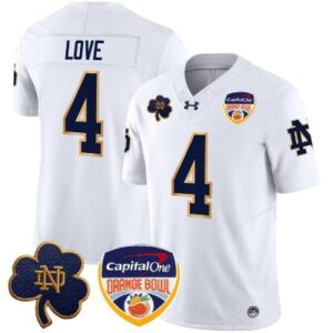 Men's J. Love Jersey #4 Notre Dame Orange Bowl Patch Football White All Stitched