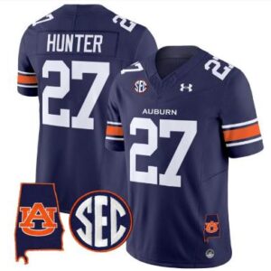 Men's Jarquez Hunter Jersey #27 Auburn Tigers SEC Patch Football Navy Stitched