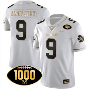 Men's JJ McCarthy Jersey #9 Michigan Wolverines 1000 Wins Patch Football  White