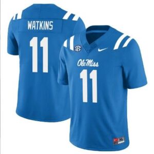 Men's Jordan Watkins Jersey #11 Ole Miss Rebels Football All Stitched Blue