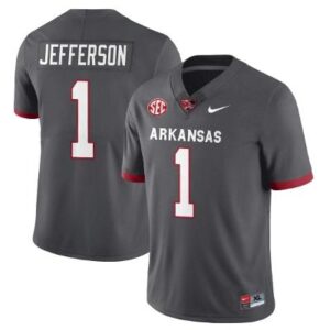 Men's KJ Jefferson Jersey #1 Arkansas Razorback Football All Stitched Gray