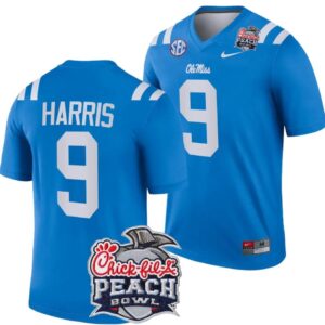 Men's Tre Harris Jersey #9 Ole Miss Rebels Peach Bowl Patch 2024 College Blue