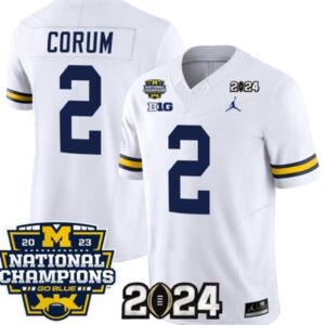 Men's Wolverines 2 Blake Corum White 2024 With 2023 National Champions Jersey