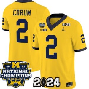 Men's Wolverines 2 Blake Corum Yellow 2024 With 2023 National Champions Jersey