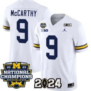 Men's Wolverines 9 J.J. McCarthy White 2024 With 2023 National Champions Jerseys