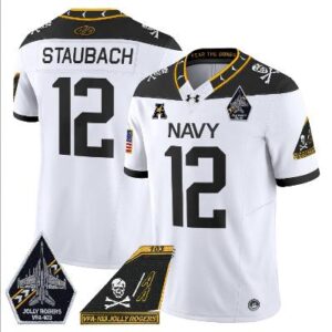Roger Staubach Jersey #12 Navy Midshipmen 2024 Jolly Rogers Patch White