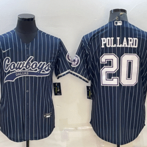 Men's Dallas Cowboys #20 Tony Pollard Navy Blue Pinstripe With Patch Cool Base Stitched Baseball Jersey