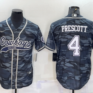 Men's Dallas Cowboys #4 Dak Prescott Grey Camo With Patch Cool Base Stitched Baseball Jersey