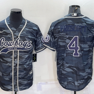 Men's Dallas Cowboys #4 Dak Prescott Blue Name Grey Camo With Patch Cool Base Stitched Baseball Jersey