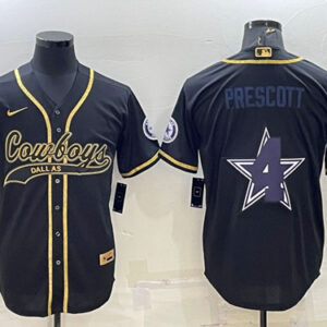 Men's Dallas Cowboys #4 Dak Prescott Black Gold Team Big Logo With Patch Cool Base Stitched Baseball Jersey