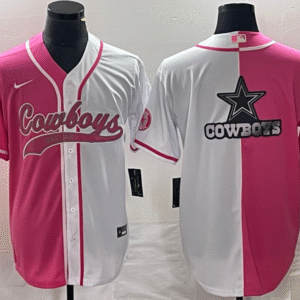 Men's Dallas Cowboys Pink White Split Team Big Logo Cool Base Stitched Baseball Jersey
