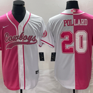 Men's Dallas Cowboys #20 Tony Pollard Pink White Split Cool Base Stitched Baseball Jersey